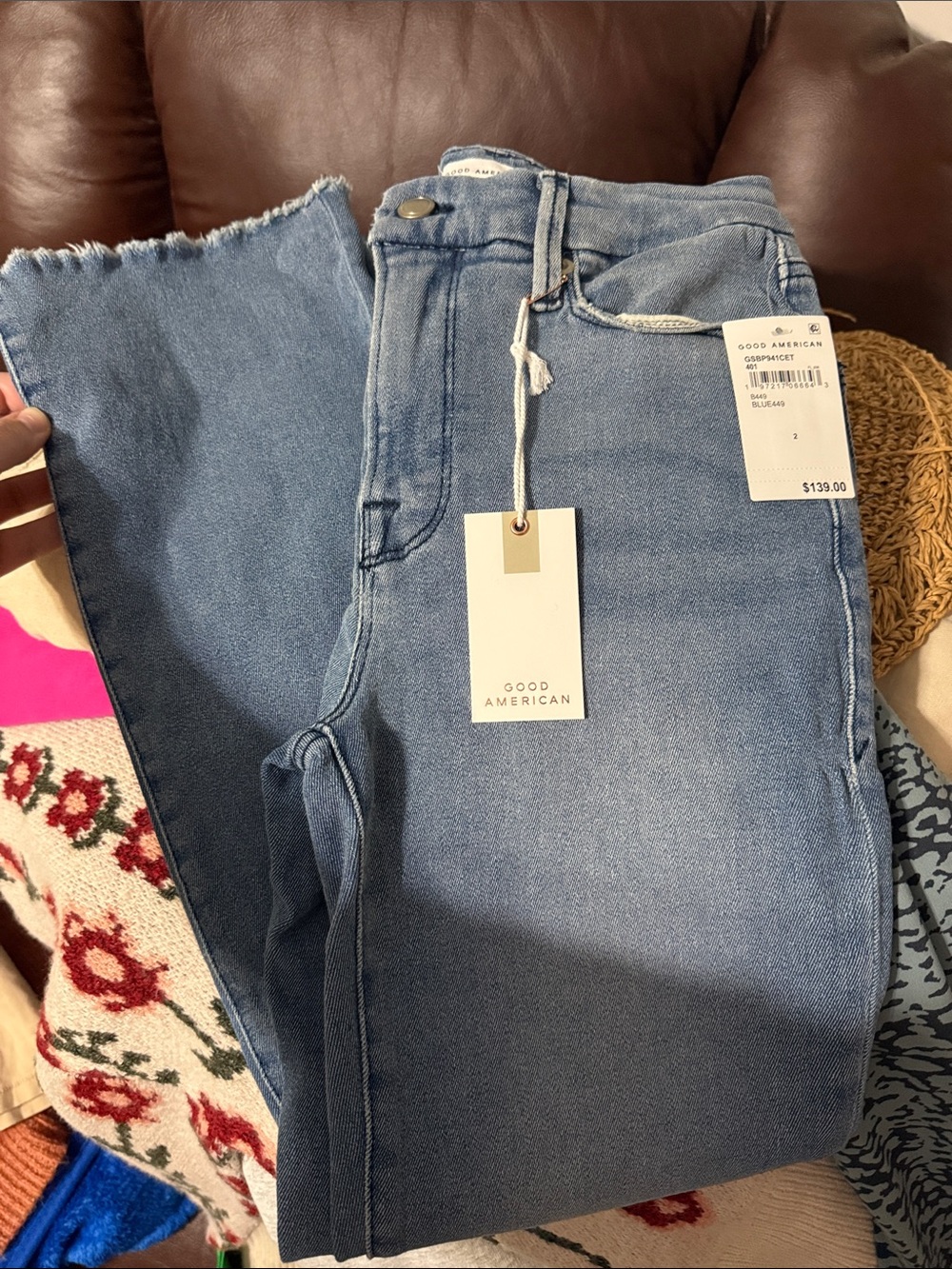 Good American Medium Blue High-Rise Frayed Hem Jeans
